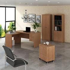 Conjunto Home Office 4 Peças com Escrivaninha em L Gaveteiro Armário e Estante Tecno Mobili Amendoa