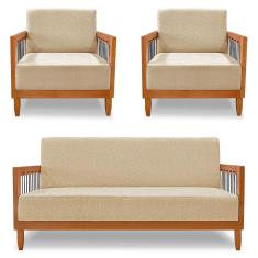 Kit 2 Poltronas e Sofá Living 2 Lugares Marilia 1,60m Linho Base em Madeira Castanho - Pallazio