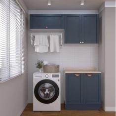 Lavanderia Modulada 3 Peças 2 Armários Aéreos 1 Balcão 2 Portas Cabecasa Madeiramadeira Azul/Branco