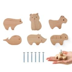 Mamimami Home Puxadores de gaveta de madeira com parafusos, puxador redondo de móveis para quarto de crianças, 6 peças, puxadores de madeira de animais para armários para quarto de criança (animal 6