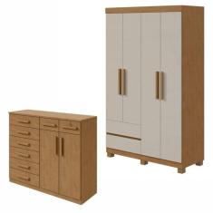 Conjunto de Guarda-Roupa 4 Portas 2 Gavetas Zeus com Pés e Cômoda 8 Gavetas 2 Portas Toronto Amêndoa Clean/Off White