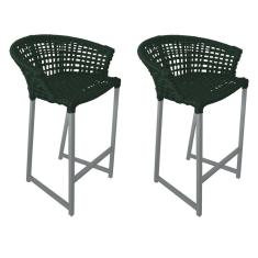 Kit 2 Banquetas Reis em Corda Náutica e Base em Alumínio Cinza para Área Gourmet  Verde Musgo