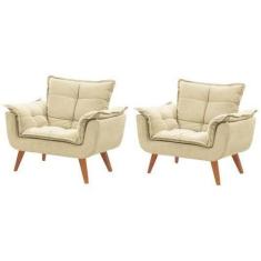 Kit 2 Poltronas Opalla   Suede Pés Palito Bege Claro - MOVEIS ÁGUIAS 