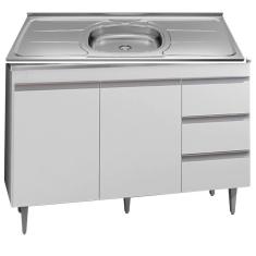 Balcão Armário De Cozinha Com Pia Inox 120cm 2 Portas 3 Gavetas Branco Móveis Leartam