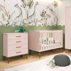 Berço Americano 2 em 1 e Comoda Gaveteiro Isis Rosa Fosco - Reller