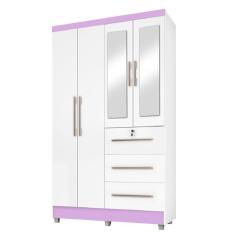 Guarda Roupas Solteiro Com Espelho 4 Portas 3 Gavetas Com Pés Tokio Branco / Branco Lilás Flex Branc