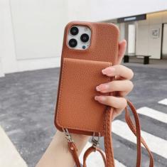 Capa de telefone carteira crossbody para iPhone 15 14 13 12 11 Pro Max Mini X XR XS Max 7 8 Plus Suporte para cartão com cordão Bolsa de couro, marrom, para iPhone 7Plus (8Plus)