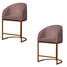 Kit 02 Banco Banqueta Poltrona Mia Base Metal Bronze Veludo - Fina Mob