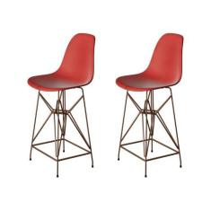 Kit 2 Banquetas Bistrô Alta Eames Vermelha Base Ferro Cobre - Cor: Ver
