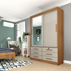 Guarda-Roupa Solteiro com Espelho Chicago 2 Portas 6 Gavetas Cinamomo e Off White