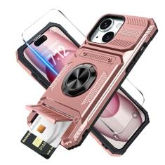 Benbenjaytek Capa carteira para iPhone 15 com suporte para cartão + 1 protetor de tela, (2 cartões) e suporte de anel de 360°, capa resistente à prova de choque de grau militar para iPhone 15 de 6,1