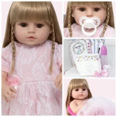 Boneca Reborn de Silicone Menina Loira Linda Com Acessórios - Cegonha 