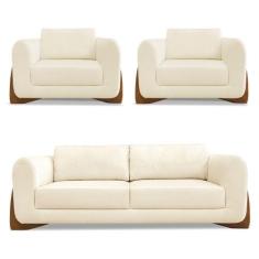 Kit 2 Poltronas e Sofá Living 2 Lugares 1,60m Lottus Linho Pés Castanh