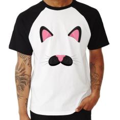 Camiseta Raglan Gatinha Orelhinha - Foca na Moda, Branco, Preto, M