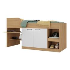 Cama Solteiro Multifuncional para Colchão 188 x 78cm com 2 Portas e Escrivaninha Multimóveis Mp4234 Rustic/branco
