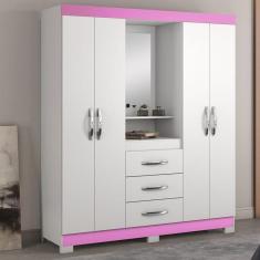 Guarda-Roupa Capelinha 4 Portas E 3 Gavetas Branco/Rosa