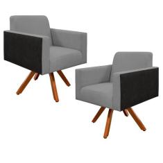 Kit 02 Poltronas Decorativa Base Giratória de Madeira Helô L02 Linho C