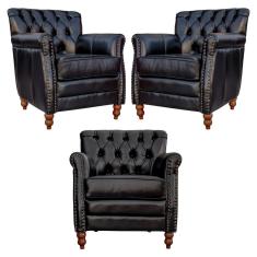 Kit 03 Poltronas Decorativas Sala de Estar Níger Pés Madeira Couro Preto - Gran Belo