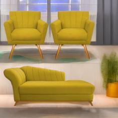 Kit Diva Recamier Vanessa 185Cm Lado Direito E 02 Poltronas Laura Suede Cor Amarelo
