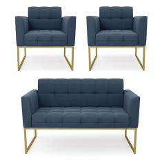 Kit 1 Sofá Namoradeira E 2 Poltronas Elisa Suede Azul Marinho Base Metálica Industrial Dourada