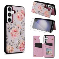 Asuwish Capa de telefone para Samsung Galaxy S23 FE 5G carteira celular com protetor de tela de vidro temperado flor luxuosa couro PU porta-cartão suporte suporte S 23 EF S23FE 23S mulheres meninas