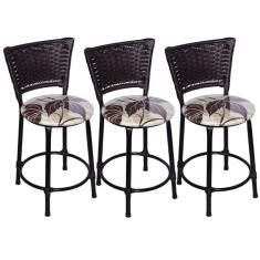 Kit 3 Banquetas Baixas Preta com Encosto Junco Argila Assento Floral Marrom