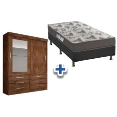 Cama Box Solteiro + Colchão D33 Ortobom + Guarda Roupa Sonare Canela