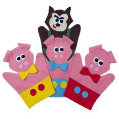 Kit fantoche os três porquinhos + lobo 4 peças feltro - BRINQUE E LEIA