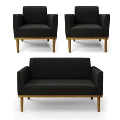 Sofá Namoradeira Com 2 Poltronas Base De Madeira Fixa Castanho Marisa Suede D03 - D?rossi Cor Preto