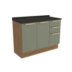 Balcão de Cozinha Modulado Botanic M624 c/3 Gavetas e 2 Portas c/Tampo 120cm Nogueira/Oliva/Preto Brilho - Kappesberg
