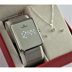 Relogio Champion Prateado Espelhado Quadrado Digital Ch40080s + Kit Semi Joia