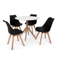 Conjunto Mesa de Jantar Maitê 80cm Branca com 4 Cadeiras Eames Wood Leda - Preta
