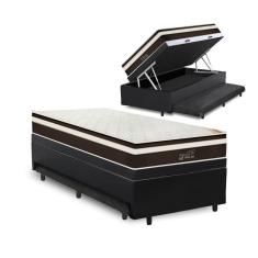 Cama Box Baú e Auxiliar Solteiro Preta + Colchão de Molas - Anjos - Classic Superlastic 88x188x64cm