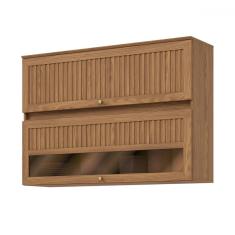 Armário Aéreo Cozinha 120 Cm Requinte 2 Portas Ripado com Vidro Nature - Henn