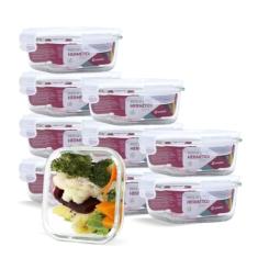 KIT 10 Potes Vidro Herméticos Quadrado 520ml