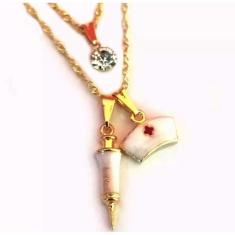 Colar Cordão Duplo Enfermagem Touca Seringa Folheado