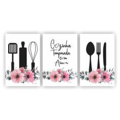 Kit Quadros Decorativos 3Peças 60X40 Temperada Com Amor - X4adesivos, 