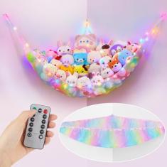 Unicorn Castle Rede de animais de pelúcia para armazenamento de brinquedos infantis com luz LED organizador de brinquedos de pelúcia para pendurar no canto, suporte de animais de pelúcia para berçário