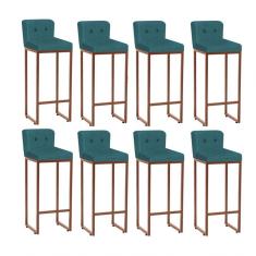 Kit 08 Banqueta Alta com Encosto Ferro Bronze Botão Suede Azul Turquesa
