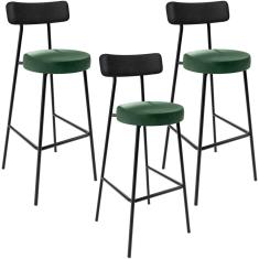 Kit 03 Banquetas Alta Bar Cozinha Sala Jantar Milão L02 Couríssimo Preto Facto Verde - Lyam Decor