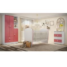 Quarto de Bebê Completo com 1 Berço 1 Cômoda 1 Guarda Roupa Arco-Íris Móveis Percasa Branco/Rosa