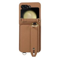 Capa de telefone com cordão crossbody para Samsung Galaxy Z Flip 5 4 3 Flip5 Flip4 Flip3 5G suporte para cartão alça de ombro capa de couro, marrom, para Galaxy Z Flip4