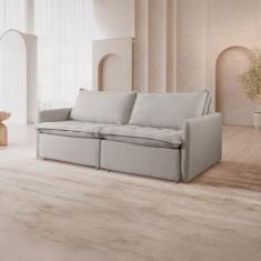 Sofá Cama Retrátil Linho Cinza Califórnia Pés Madeira - Zurc Decor