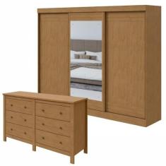 Conjunto de Guarda-roupa 3 Portas 4 Gavetas Nice com Espelho e Cômoda 