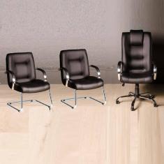 Kit Cadeira Escritório Classic Preta - 1 Giratória + 2 Fixas