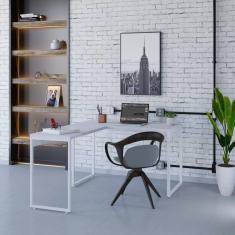 Mesa de Escritório em L Estilo Industrial 120x150cm Kuadra Branco Chess / Est.Branca