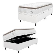 Cama Box Baú Colchão Solteiro Molas Ensacadas City Pillow Top 88x188x64cm Linho Branco / Bege Hellen - Suporta até 110kg por Pessoa