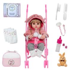Boneca Reborn Com Carrinho Coelho De Pelúcia Bolsa Enxoval - Cegonha R