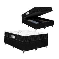 Cama Box Baú Casal Bipartido + Colchão D33 One Face - 61x138x188cm - Suede Preto
