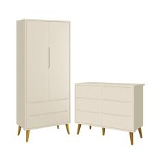 Jogo de Quarto Infantil Theo Guarda Roupa 2 Portas e Cômoda 6 Gavetas com Pés Amadeirado - Reller Móveis